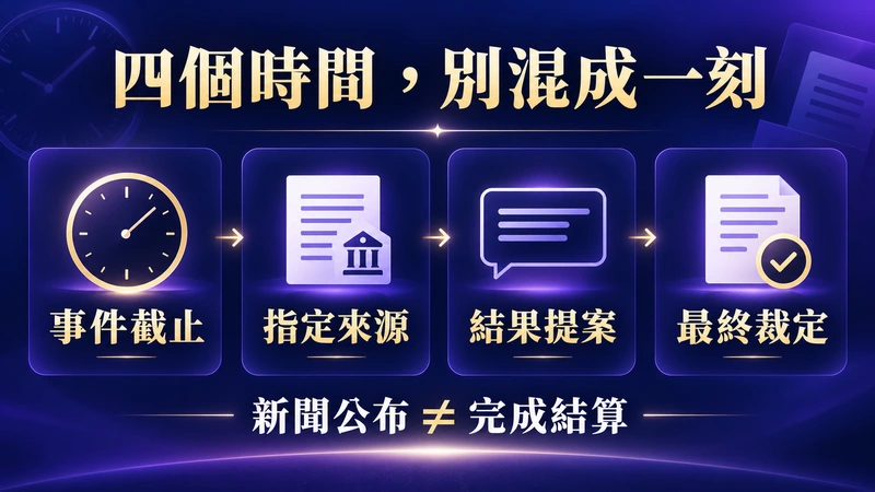 四個時間的閱讀順序：事件截止、指定來源、結果提案與最終裁定；新聞公布不等於已完成結算